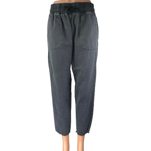 Zara Black Gray Drawstring Raw Hem High Waist Straight Leg Trousers Pants Size S - Picture 1 of 4